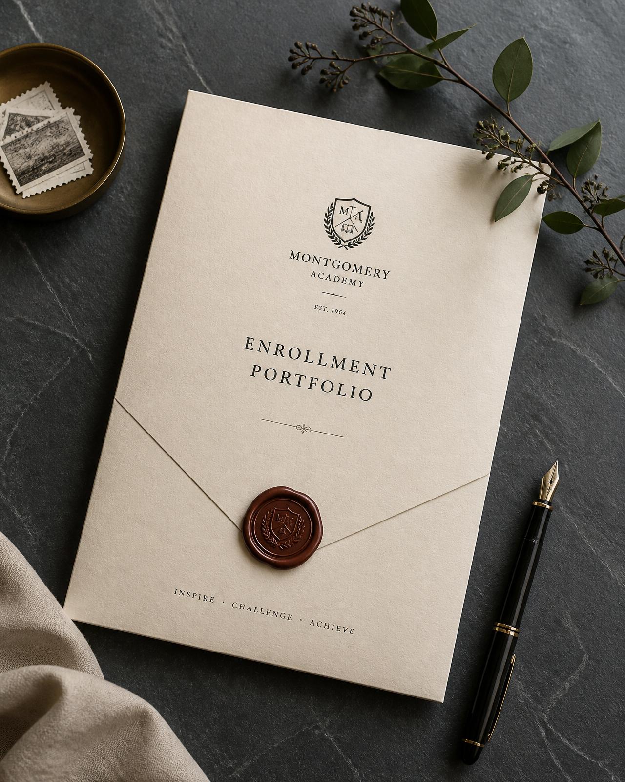 Enrollment portfolio with fountain pen resting on dark stone