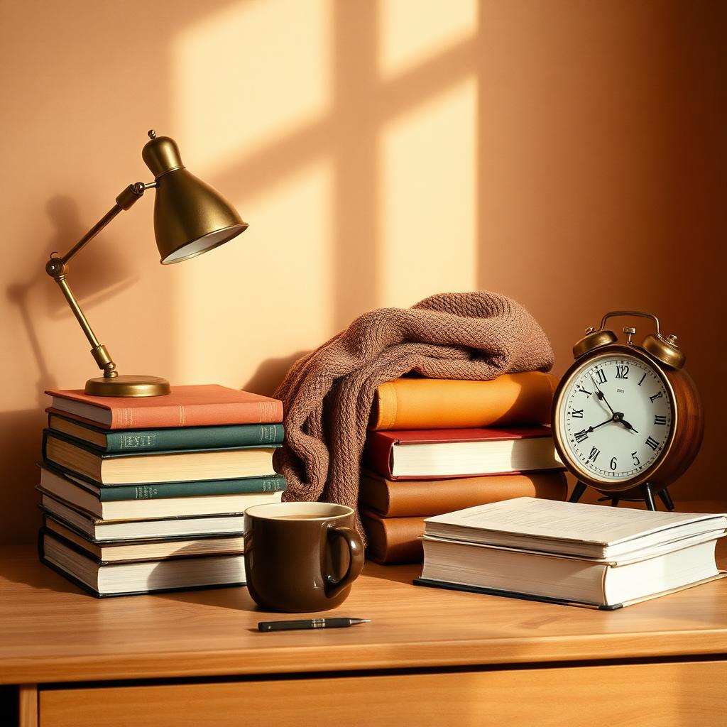 Sunlit minimal study room with linen curtains, wooden desks, and ordered shelves