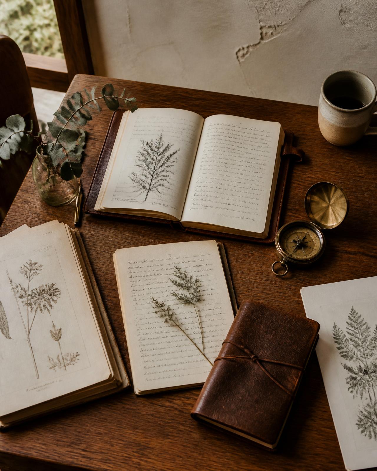 Editorial study desk with open journals, botanical prints, and a brass compass in warm daylight