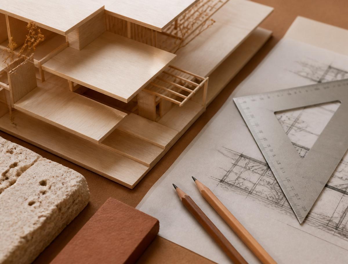 Balsa architectural model with drafting tools on studio surface