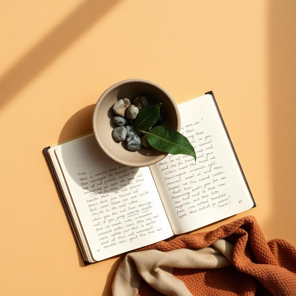 Circle of woven linen cushions and a quiet reflection journal on plaster floor