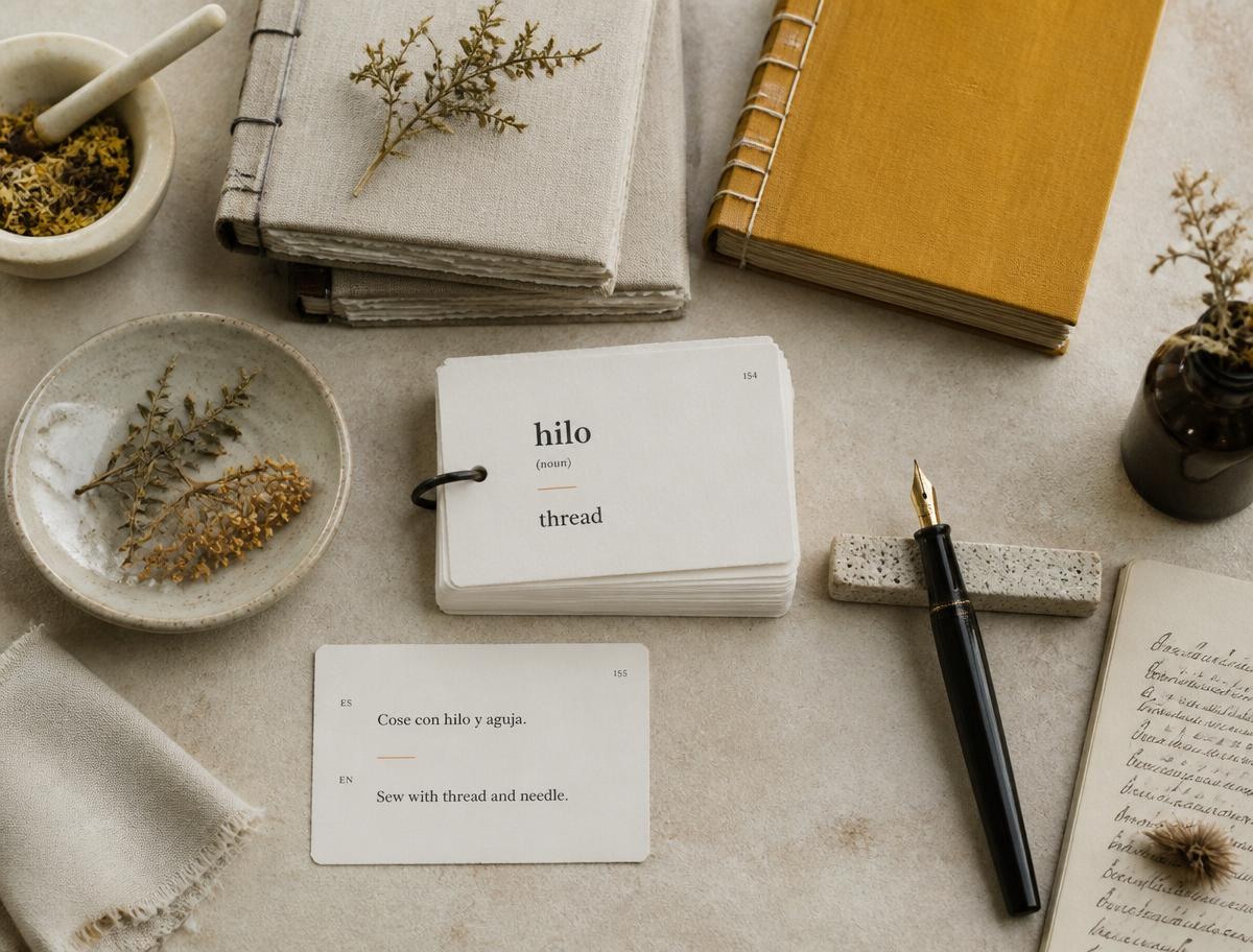 Bilingual flashcards and linen notebooks stacked on limestone